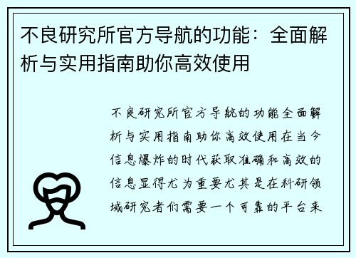 不良研究所官方导航的功能：全面解析与实用指南助你高效使用